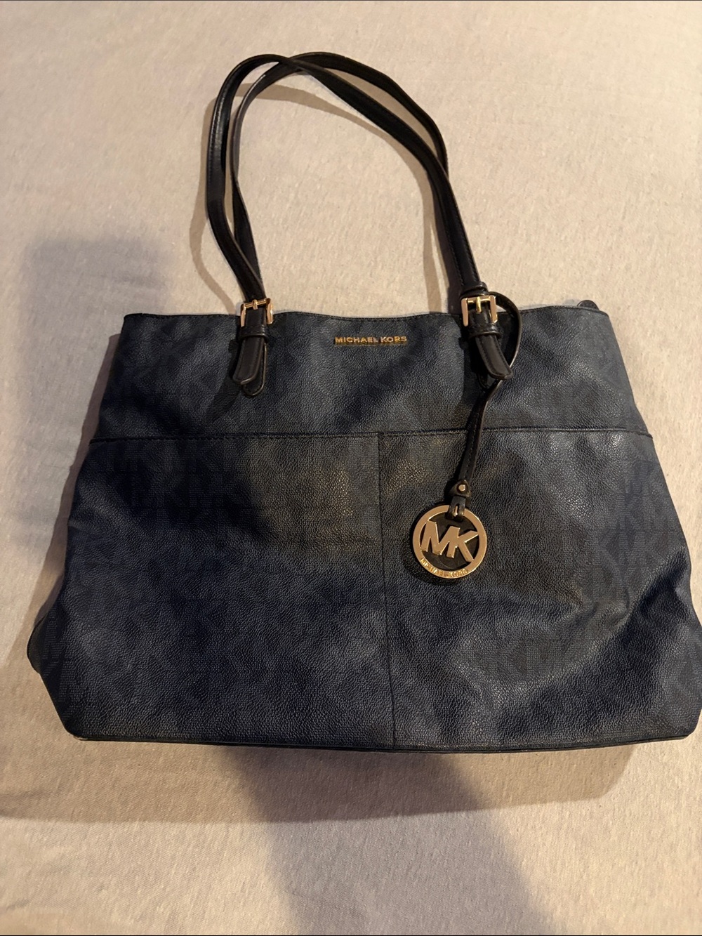 Michael Kors Navy Blue Tote with Gold MK Charm
